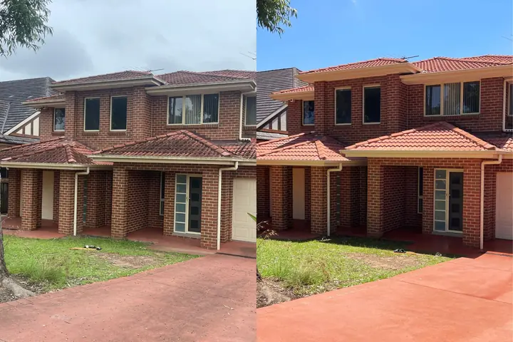 Two-storey brick duplex, before and after a house wash, roof clean and driveway clean: dull and stained on the left, bright and clean on the right.