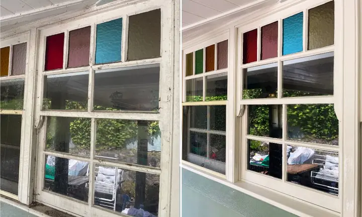 Timber windows with coloured leadlight panes, before and after cleaning: dirty frames on the left, clean on the right.