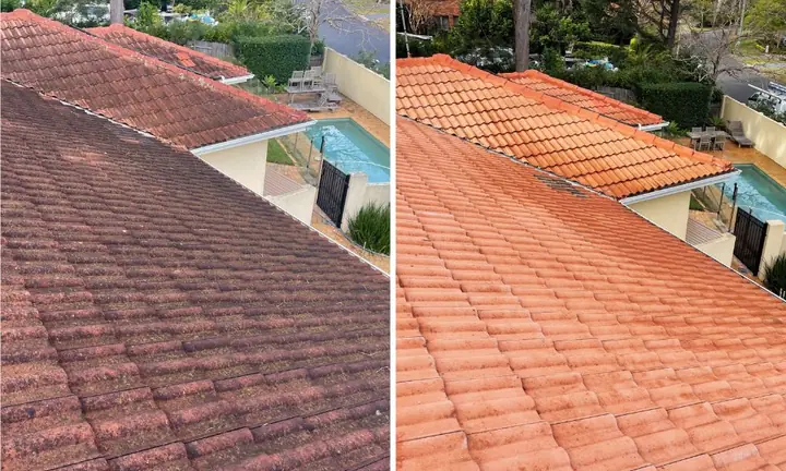 Concrete tile roof above a pool, before and after cleaning: dark and weathered on the left, clean orange tiles on the right.