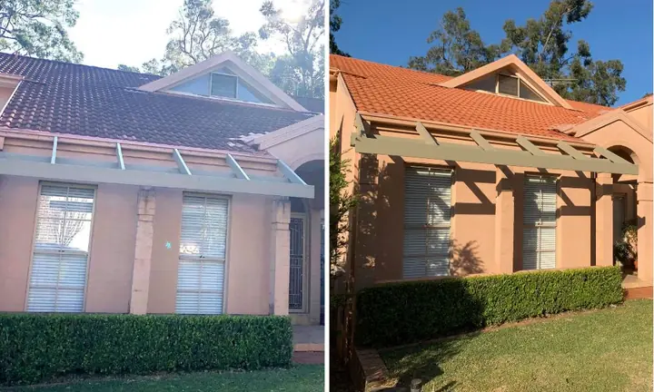 Rendered house with a pergola and hedge, before and after a roof and house wash: faded grey roof tiles on the left, orange tiles on the right.