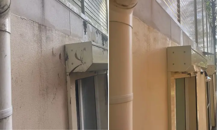 Rendered side wall with a downpipe and an air-conditioner cover, before and after a house wash: stained on the left, clean on the right.