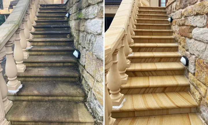 Sandstone staircase with a balustrade and stone wall, before and after pressure washing: dark and stained on the left, clean banded sandstone on the right.