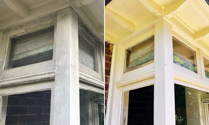 Verandah post and timber-framed bay windows, before and after cleaning: grey and grimy on the left, clean white paintwork on the right.