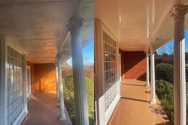 Tiled verandah with white columns and a lined ceiling, before and after a soft wash: grey mould on the ceiling on the left, clean on the right.