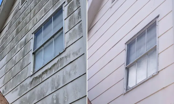 White weatherboard wall around a window, before and after a house wash: grey mould streaks on the left, clean on the right.